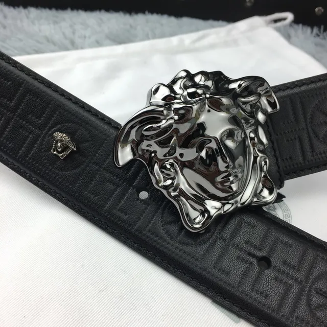 Versace 美杜莎腰带 黑色 银色 抛光头扣 Greca 图案 压花皮革腰带 4