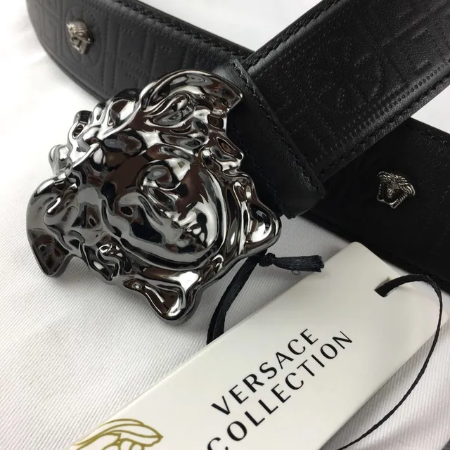 Versace 美杜莎腰带 黑色 银色 抛光头扣 Greca 图案 压花皮革腰带 6