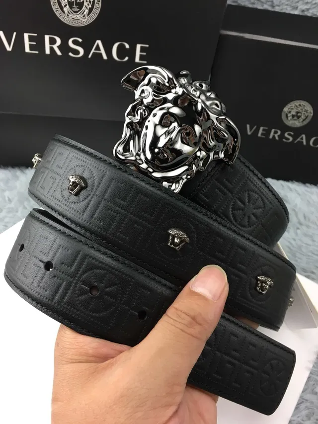 Versace 美杜莎腰带 黑色 银色 抛光头扣 Greca 图案 压花皮革腰带 7