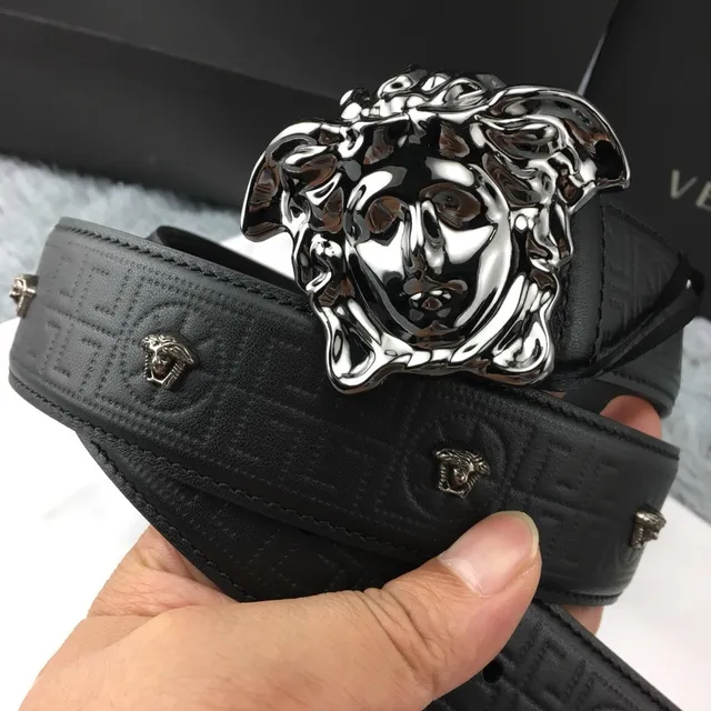 Versace 美杜莎腰带 黑色 银色 抛光头扣 Greca 图案 压花皮革腰带 8