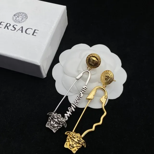 Versace Medusa Safety Pin Gold and Silver Earrings 3