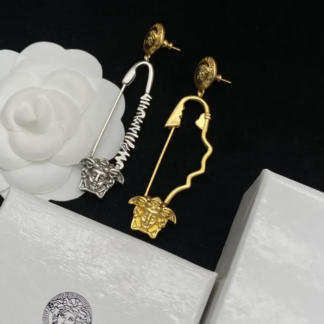 Versace Medusa Safety Pin Gold and Silver Earrings 5