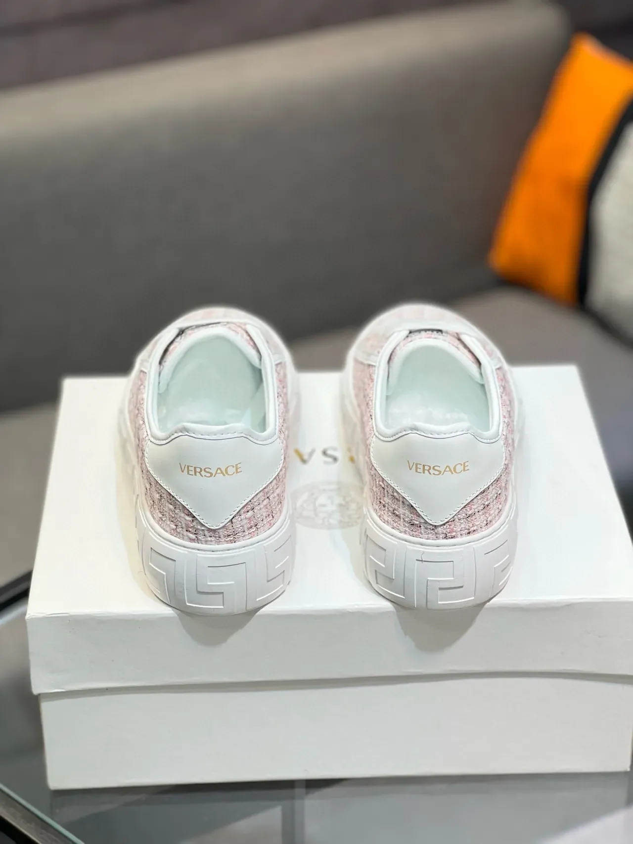 Versace Pink White Tweed Upper Greca-Key Midsole Lifestyle Sneakers 2