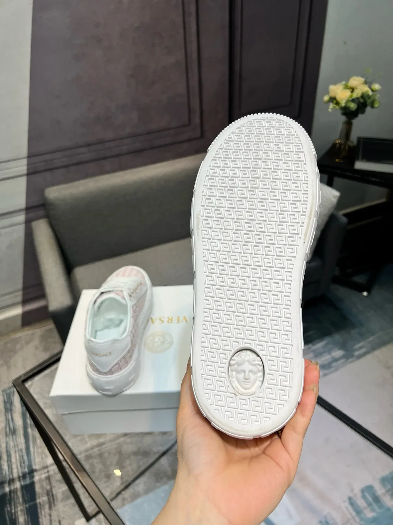 Versace Pink White Tweed Upper Greca-Key Midsole Lifestyle Sneakers 3