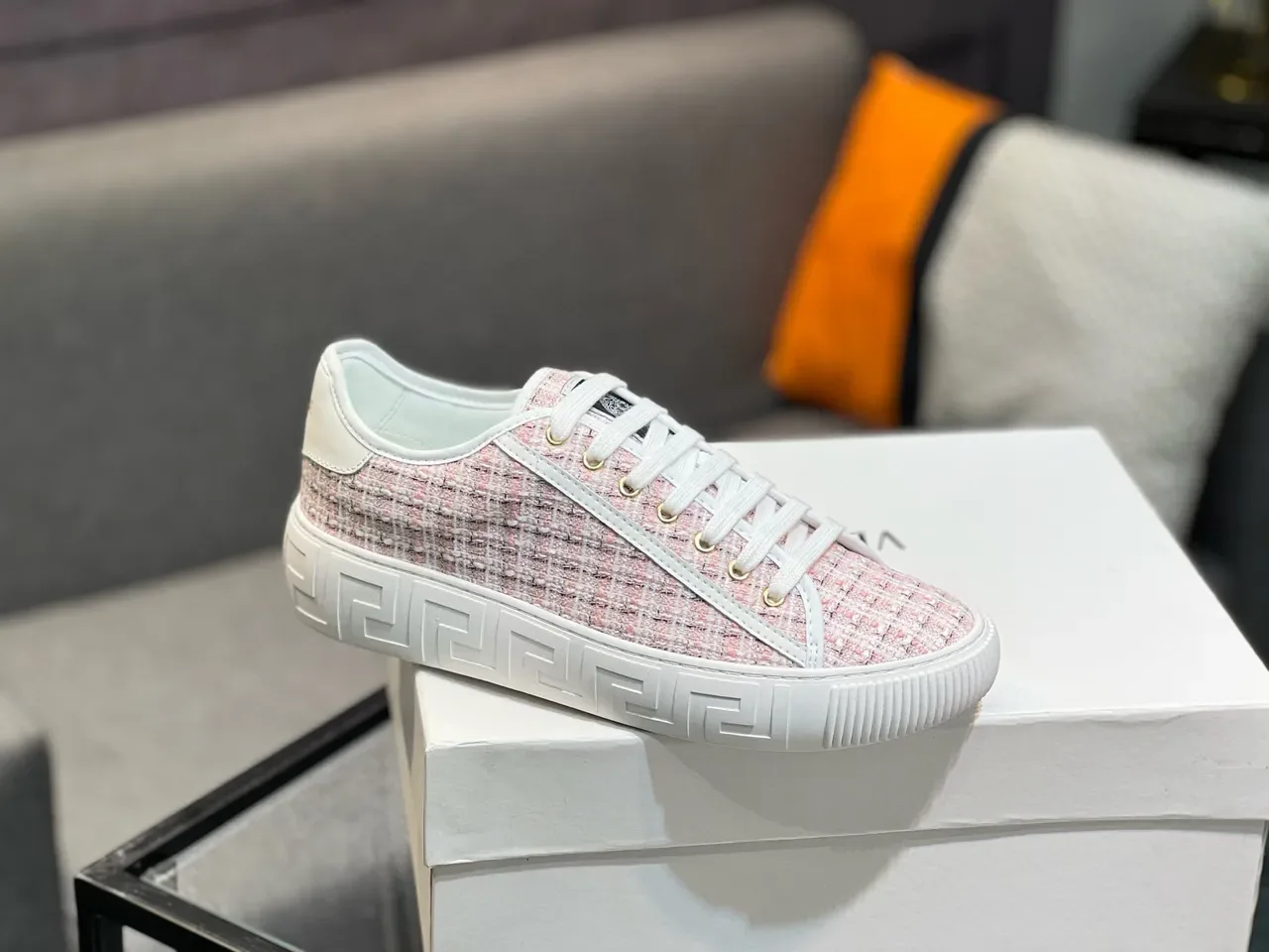 Versace Pink White Tweed Upper Greca-Key Midsole Lifestyle Sneakers 4