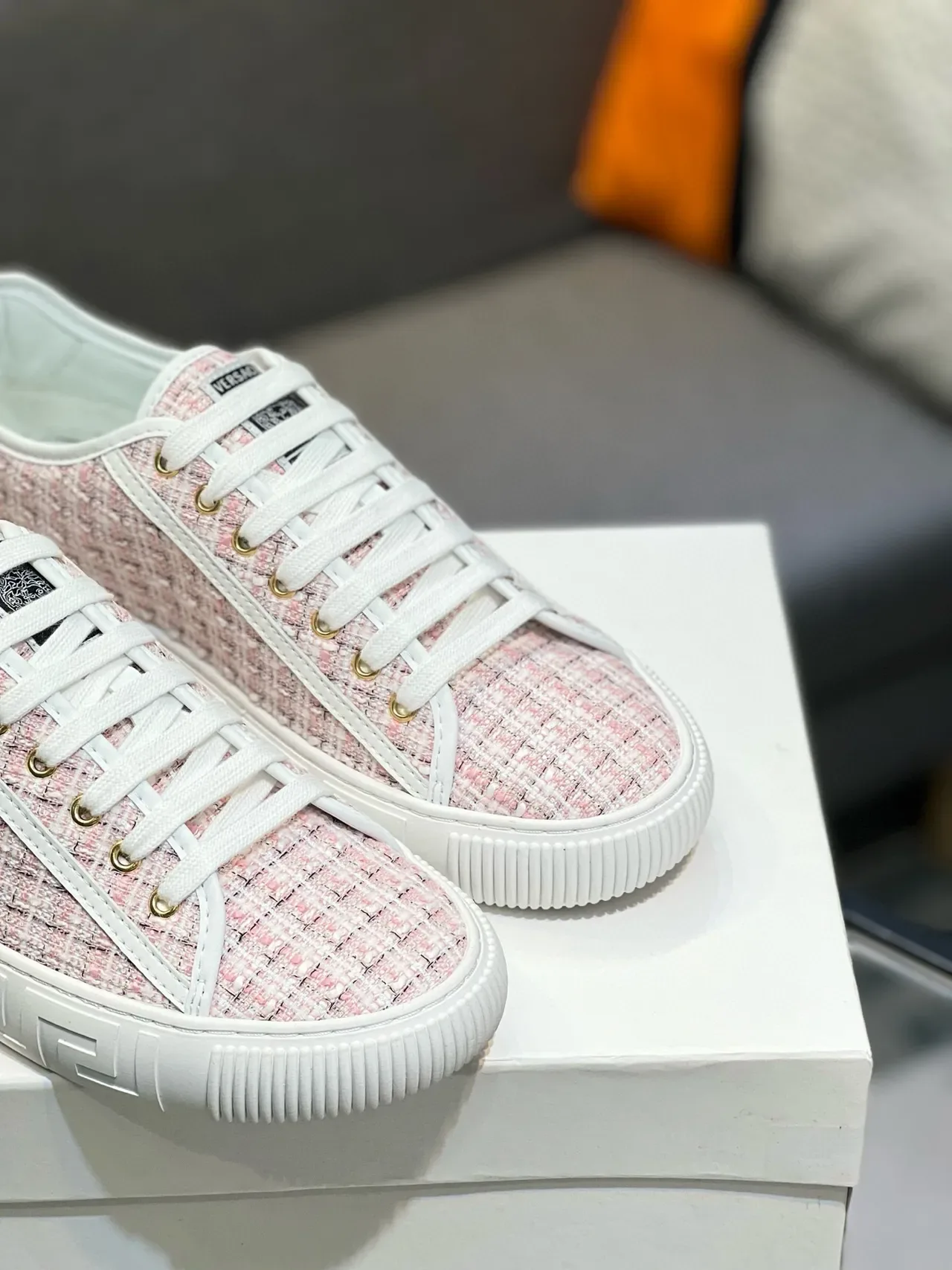 Versace Pink White Tweed Upper Greca-Key Midsole Lifestyle Sneakers 5