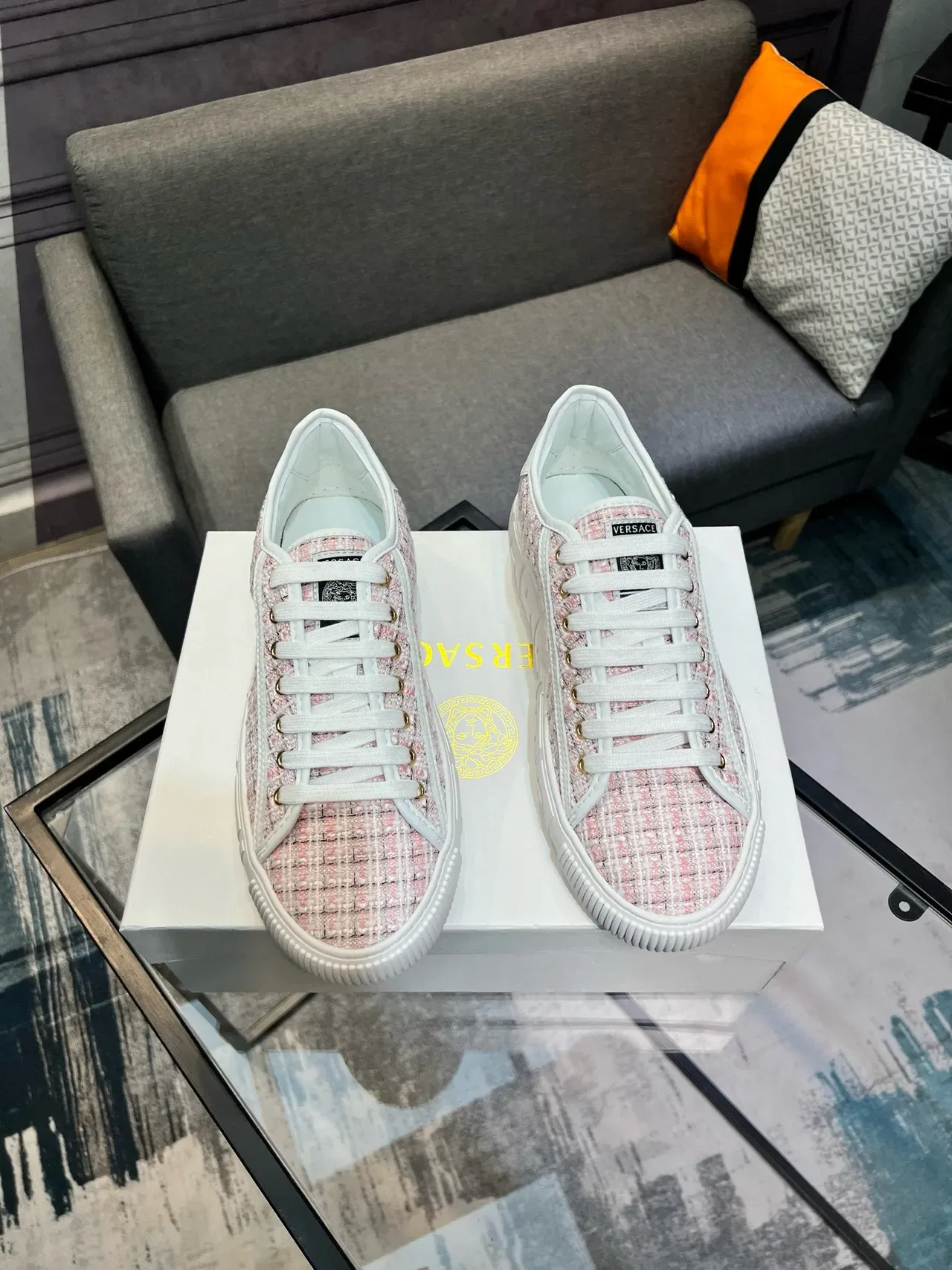 Versace Pink White Tweed Upper Greca-Key Midsole Lifestyle Sneakers 6