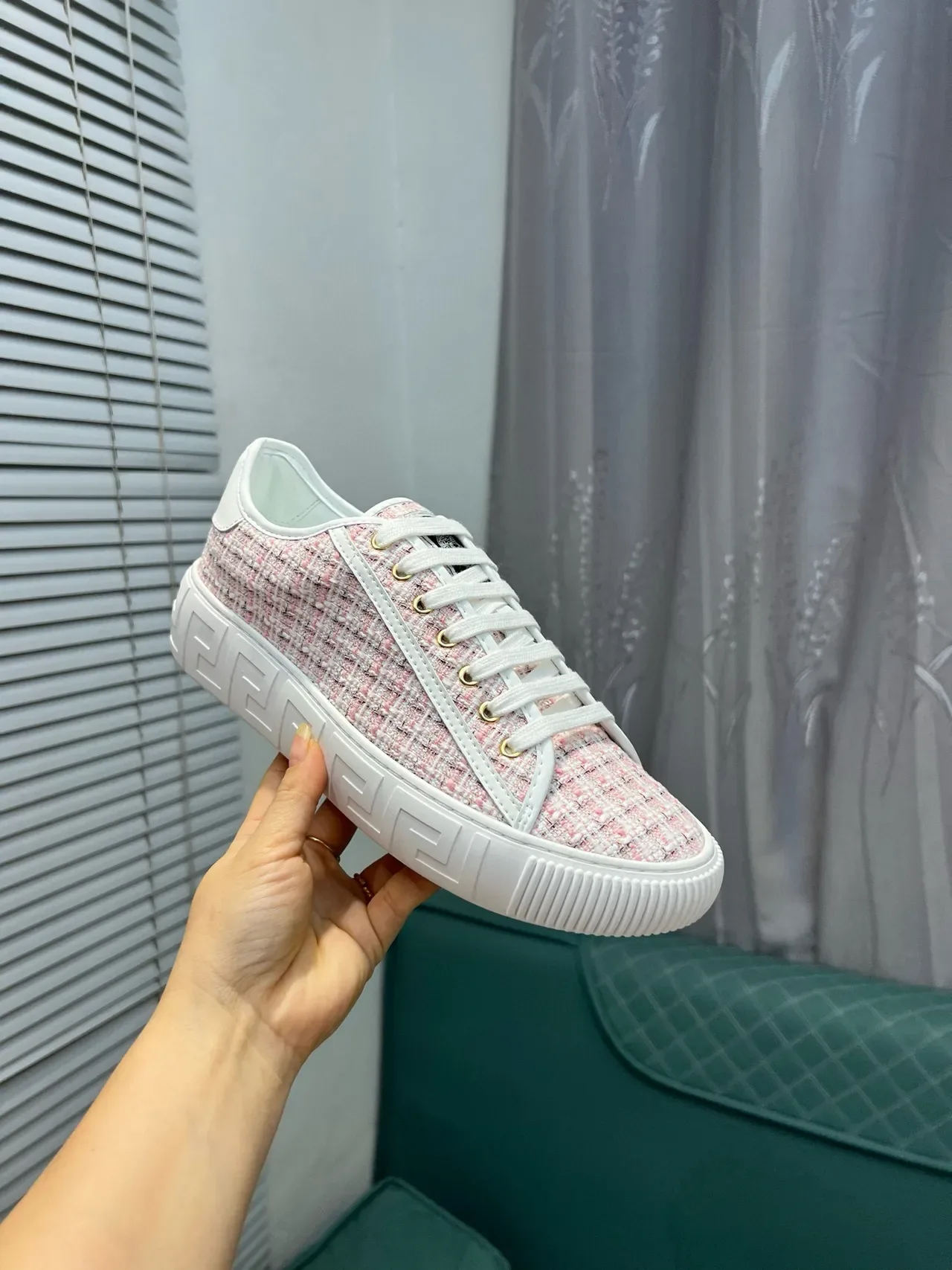Versace Pink White Tweed Upper Greca-Key Midsole Lifestyle Sneakers 7
