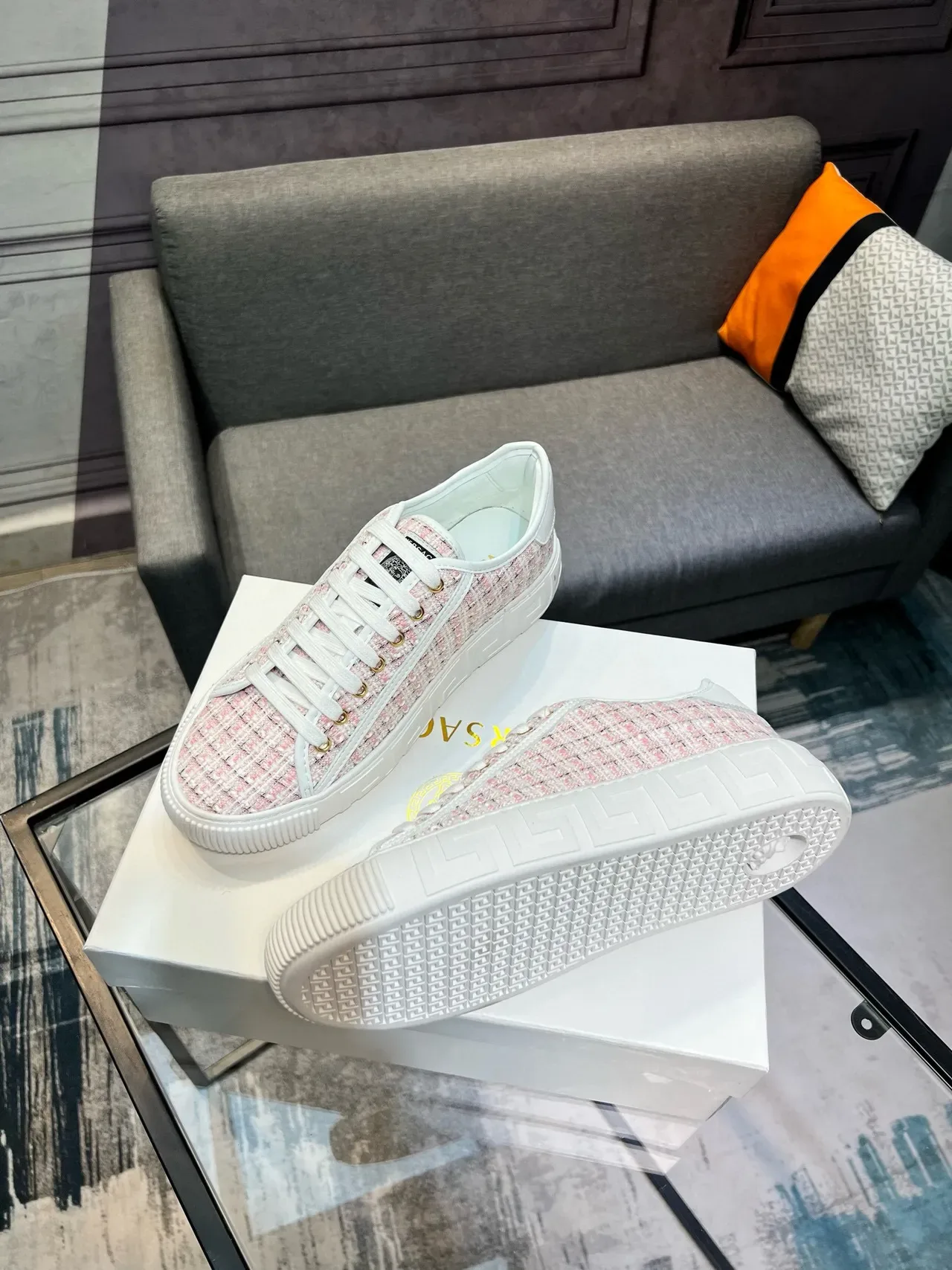 Versace Pink White Tweed Upper Greca-Key Midsole Lifestyle Sneakers 8