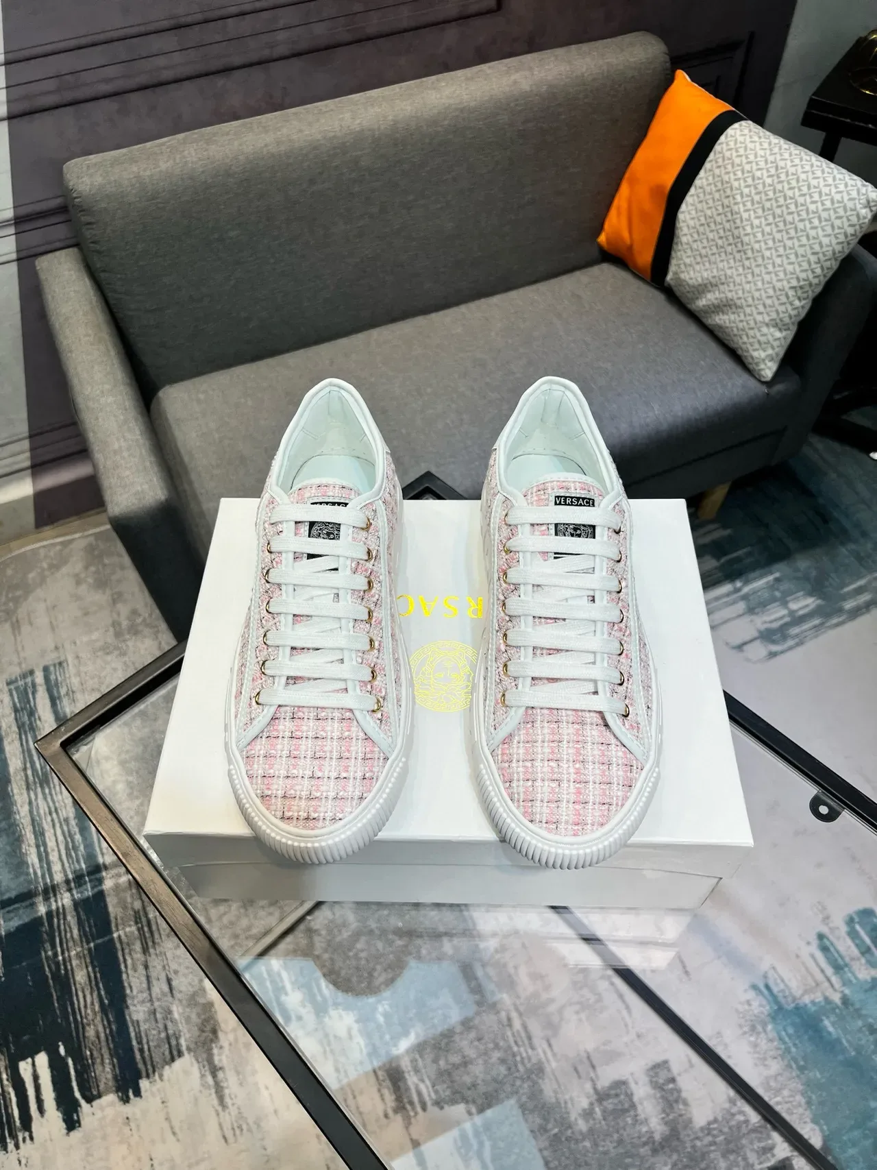 Versace Pink White Tweed Upper Greca-Key Midsole Lifestyle Sneakers 9
