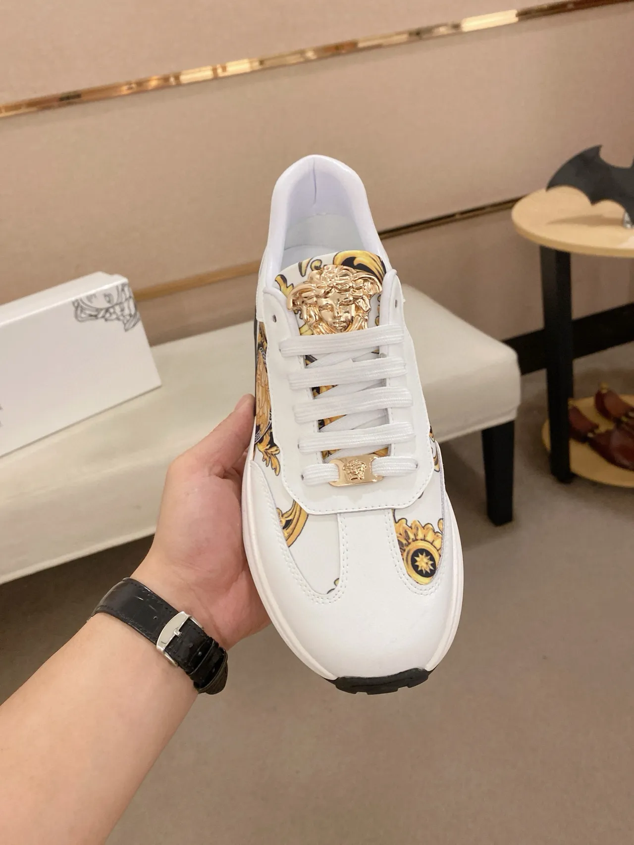 Versace White Gold Medusa-Print Side Panel Baroque Ornamentation Chunky Sneakers 2