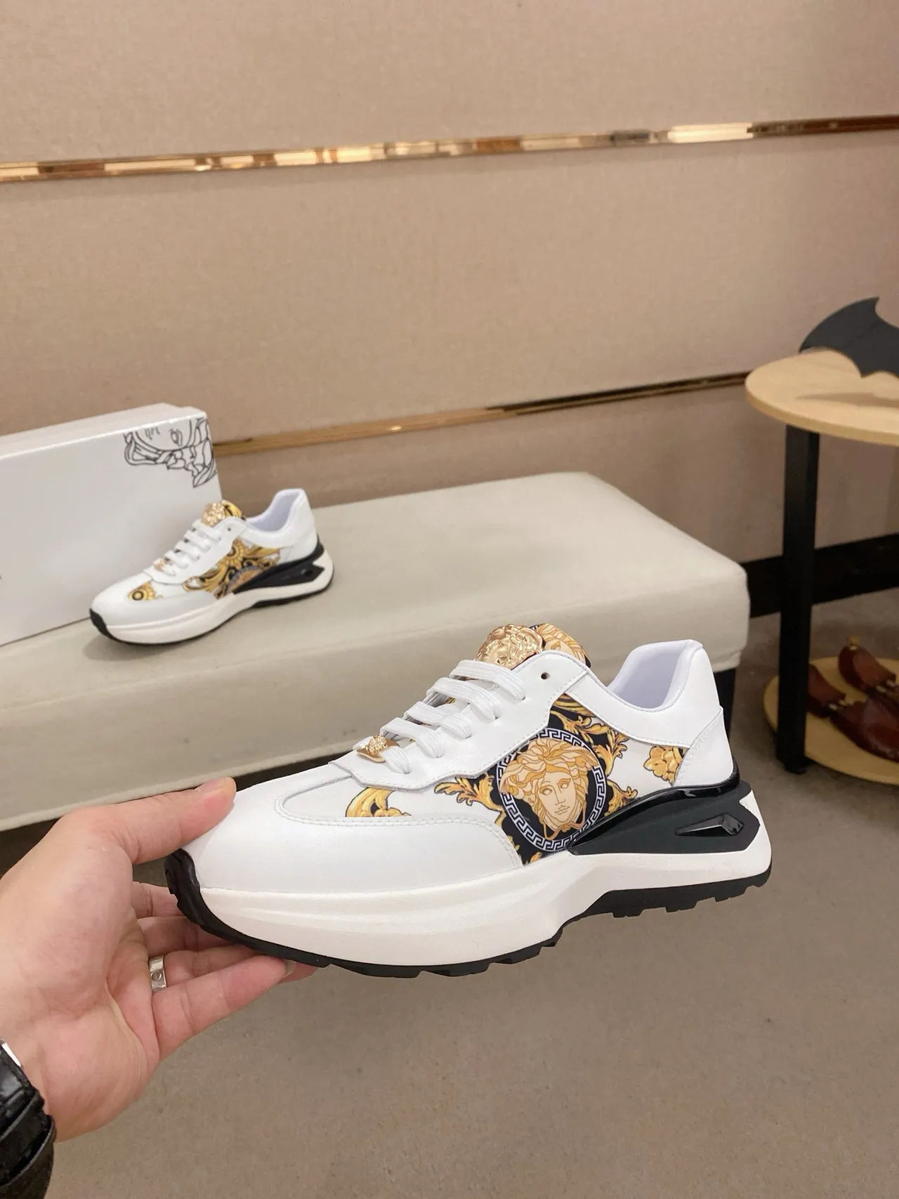 Versace White Gold Medusa-Print Side Panel Baroque Ornamentation Chunky Sneakers 3