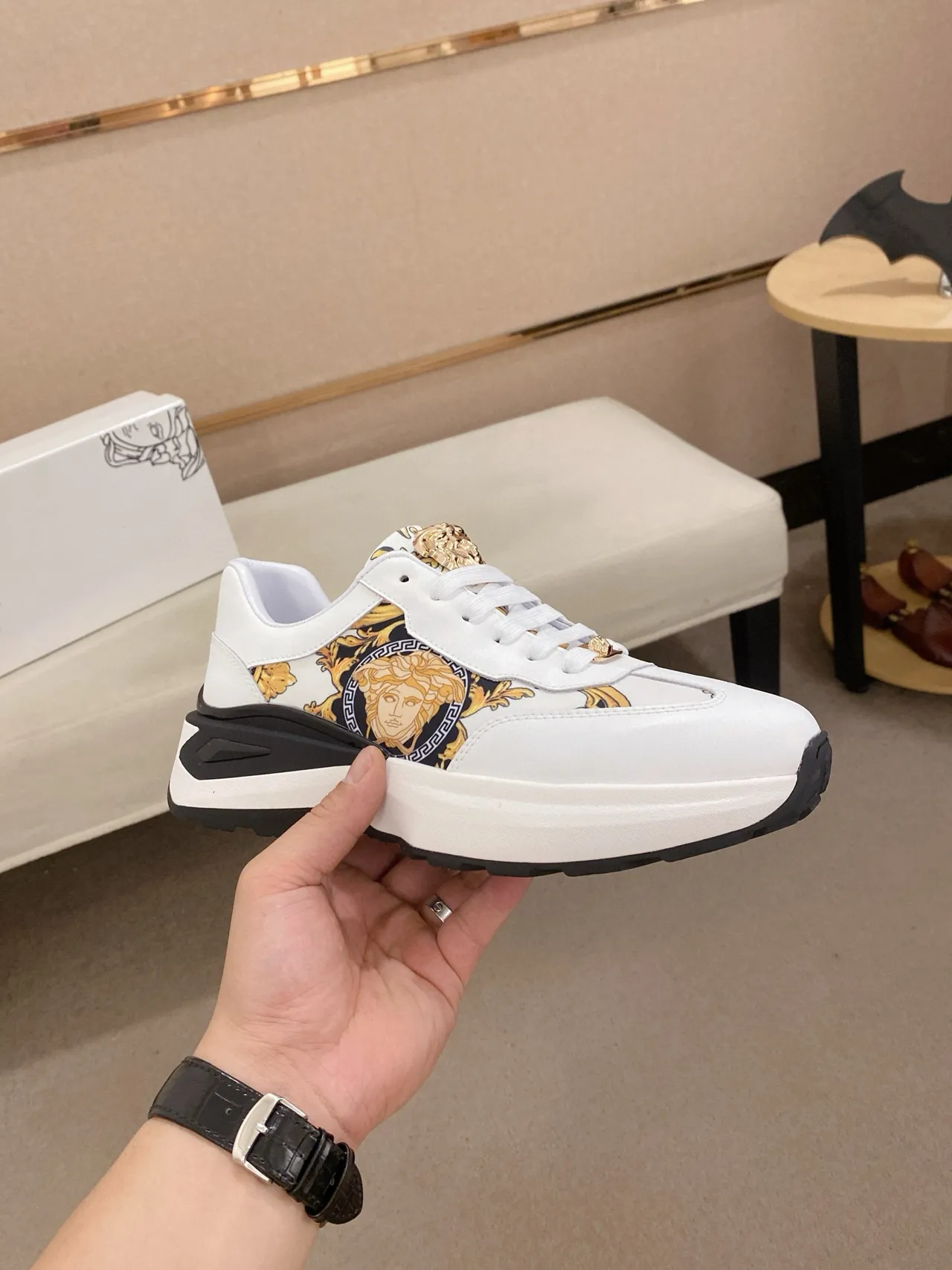 Versace White Gold Medusa-Print Side Panel Baroque Ornamentation Chunky Sneakers 4