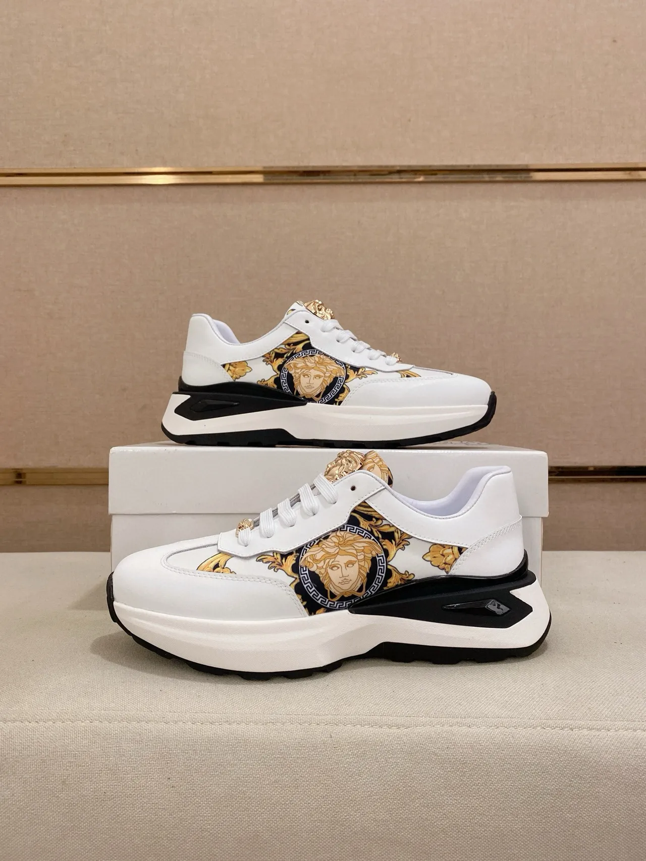 Versace White Gold Medusa-Print Side Panel Baroque Ornamentation Chunky Sneakers 7