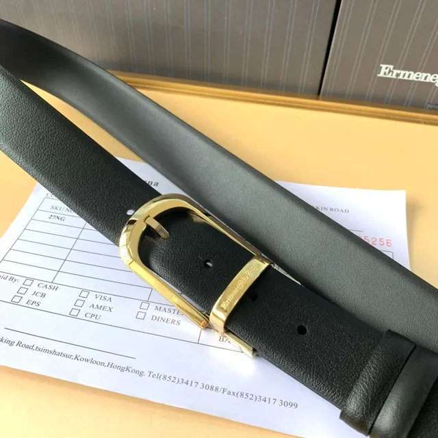Ermenegildo Zegna 黑色金色光滑粒面抛光长方形扣头皮革皮带 3