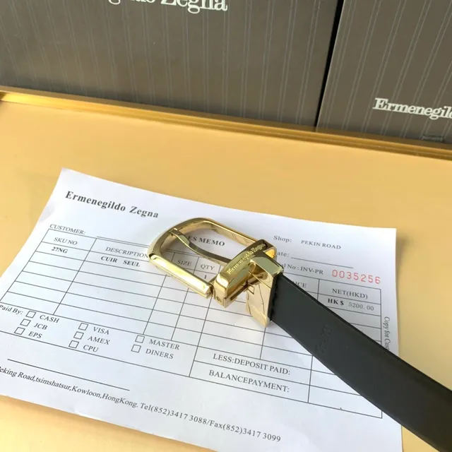 Ermenegildo Zegna 黑色金色光滑粒面抛光长方形扣头皮革皮带 4