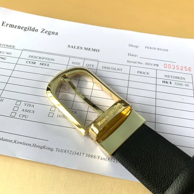 Ermenegildo Zegna 黑色金色光滑粒面抛光长方形扣头皮革皮带 6