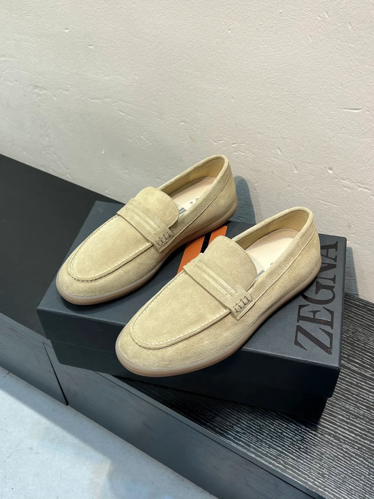 Zegna Beige White Suede Upper Penny Strap Loafer 3