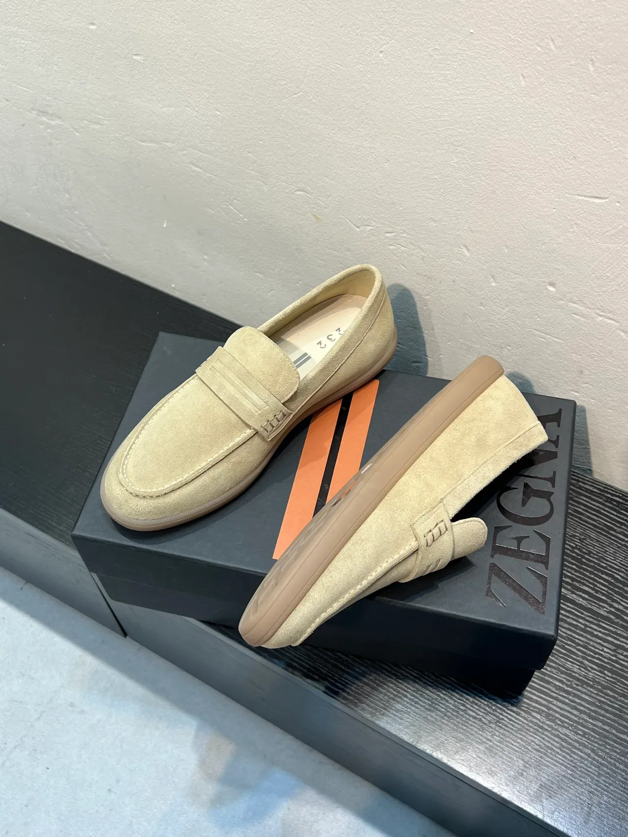 Zegna Beige White Suede Upper Penny Strap Loafer 4