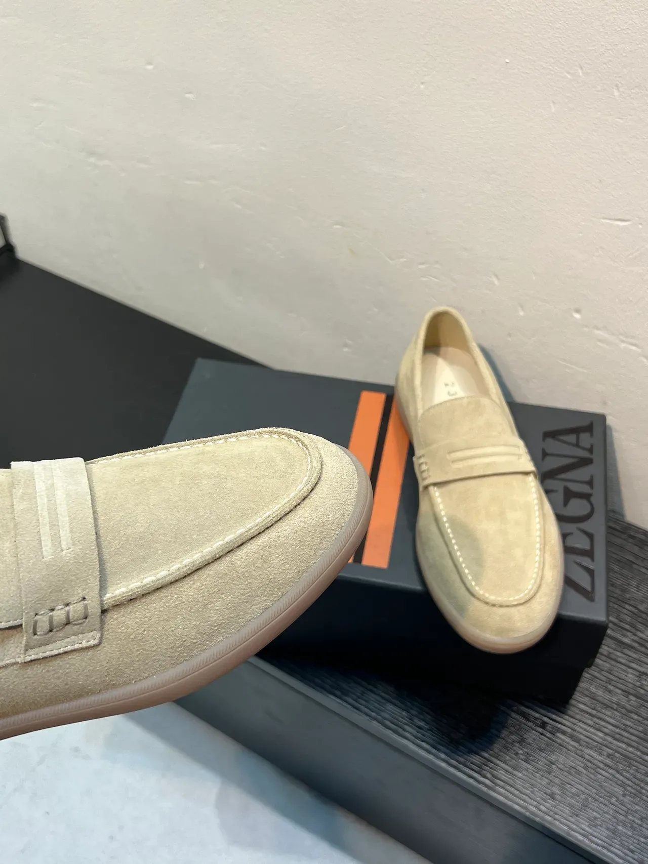 Zegna Beige White Suede Upper Penny Strap Loafer 7