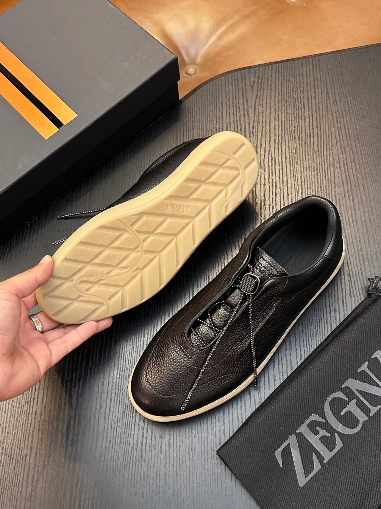 Zegna Black Pebbled Leather Zipper Loafer 2