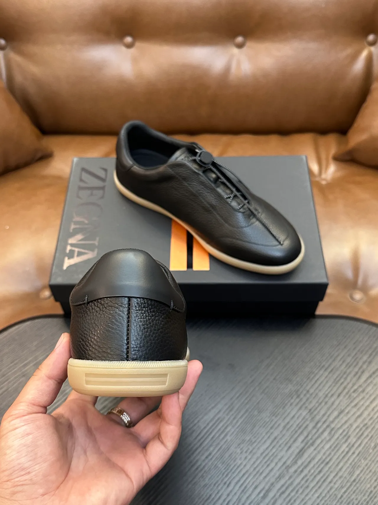 Zegna Black Pebbled Leather Zipper Loafer 3