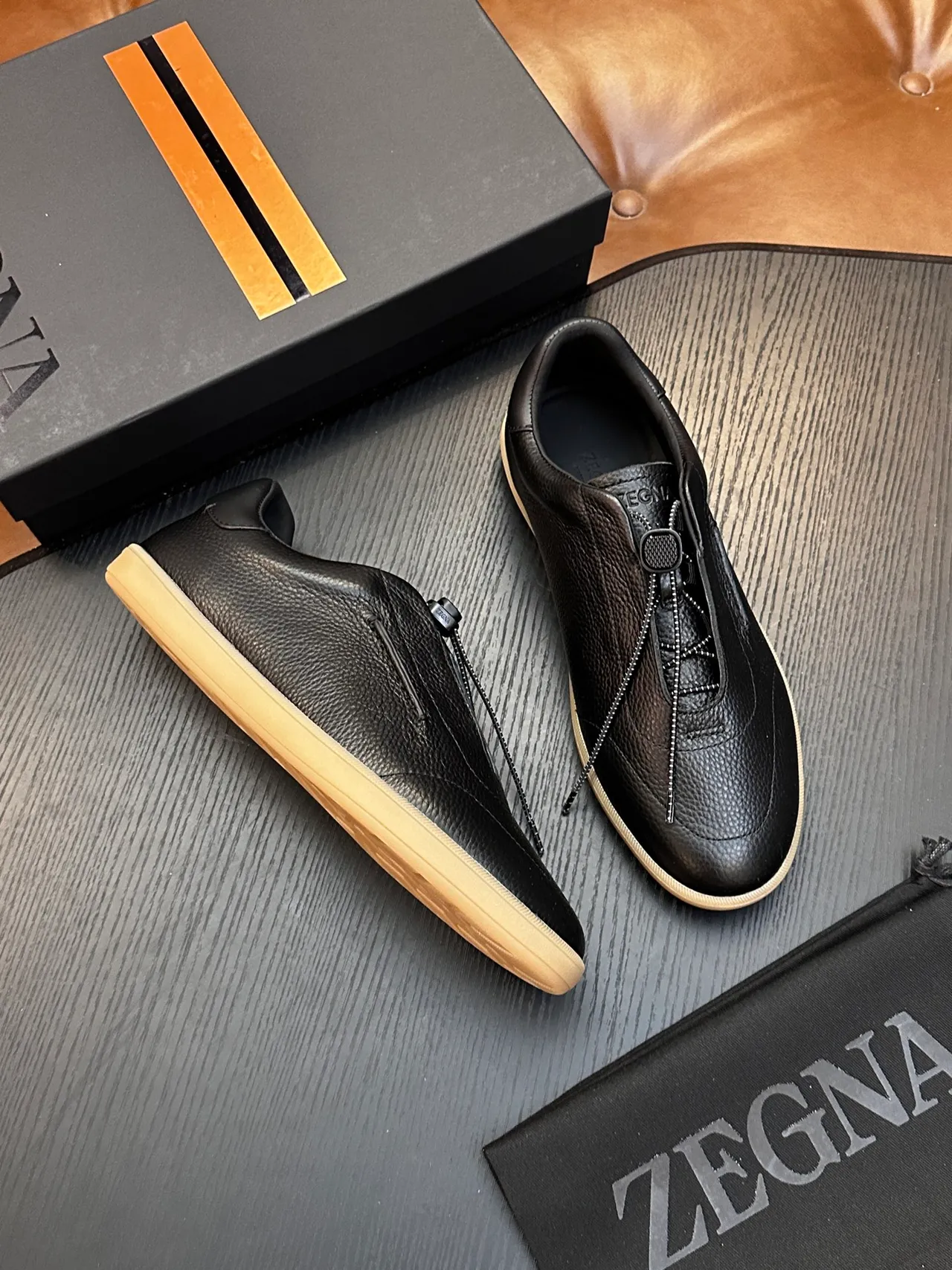 Zegna Black Pebbled Leather Zipper Loafer 5