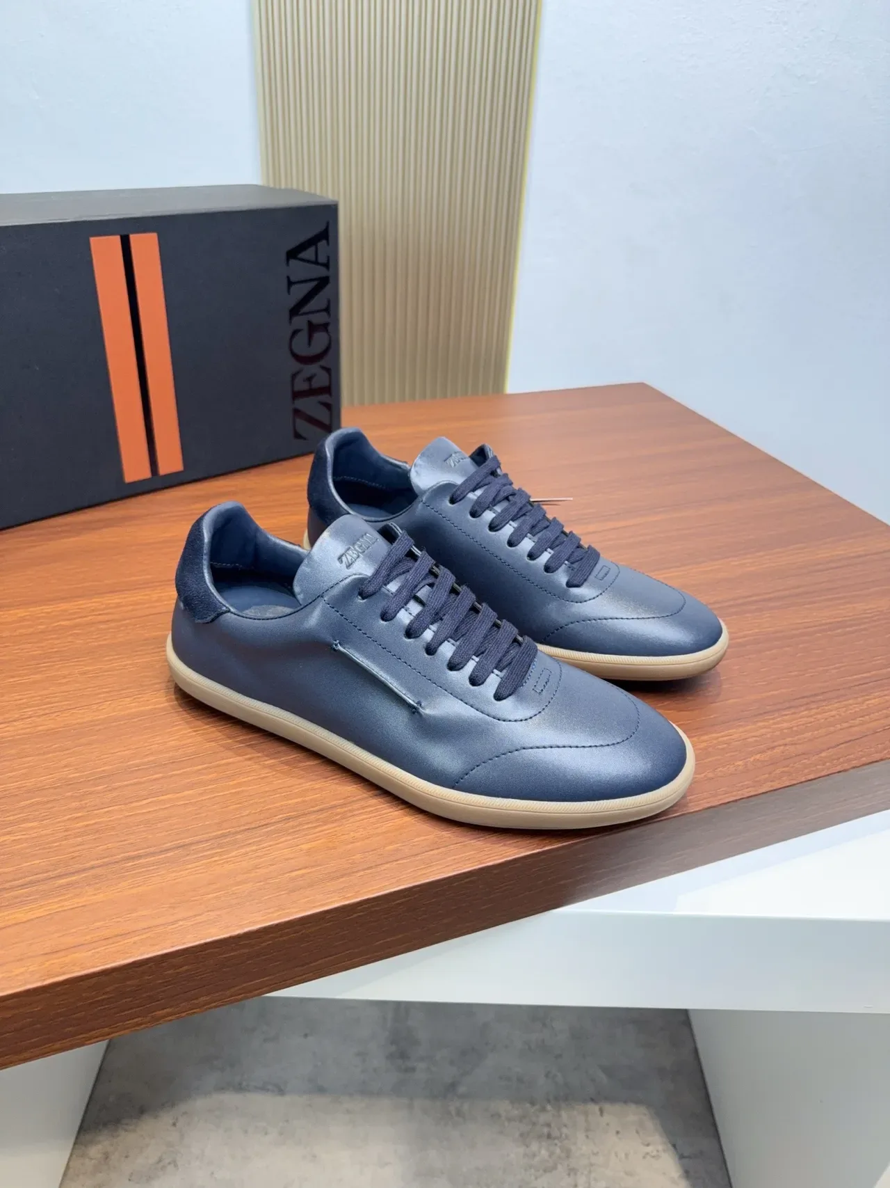 Zegna Blue Leather Low-Top Lifestyle Sneakers 4