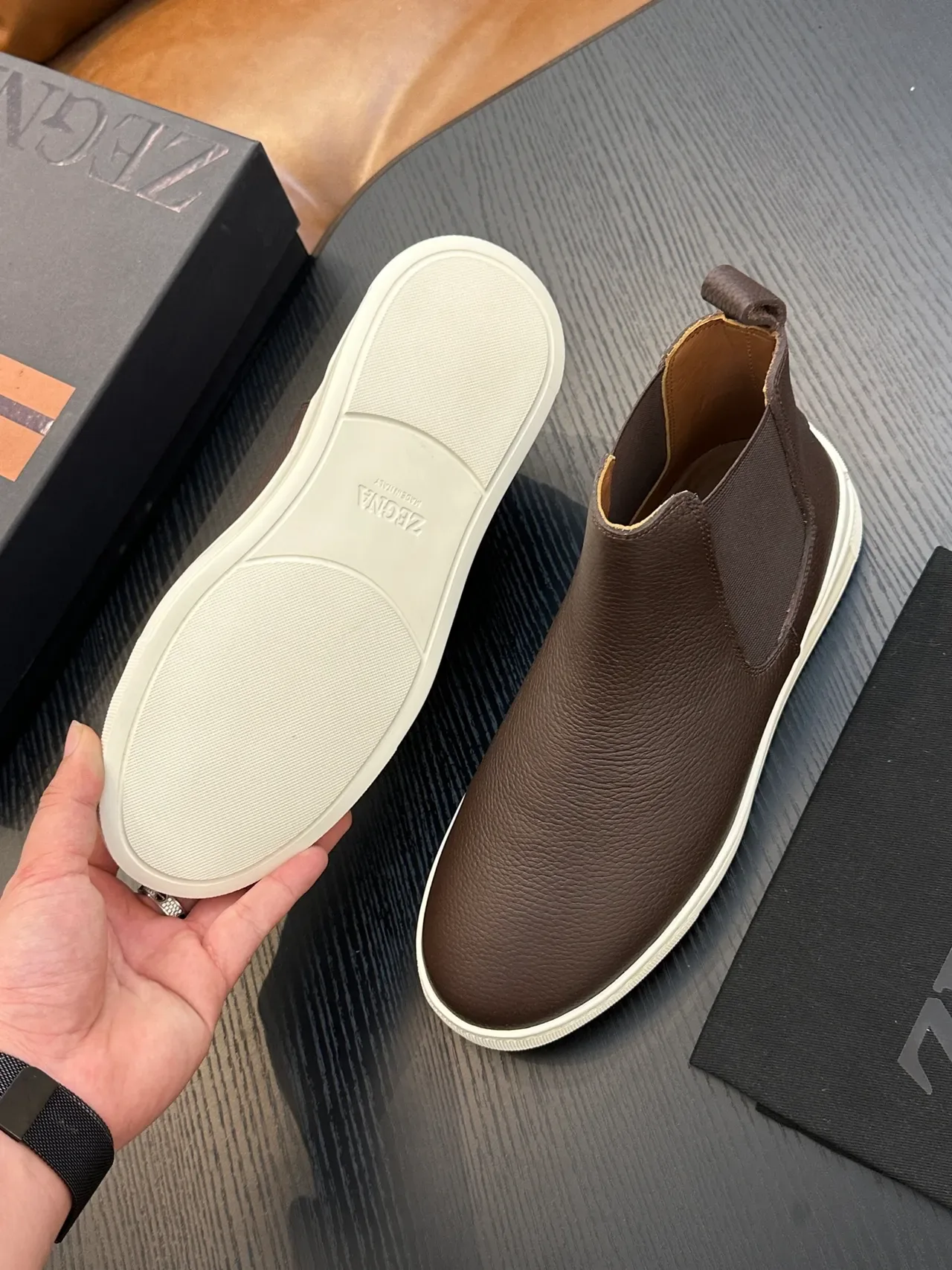 Zegna Brown Beige Pebbled Leather Elastic Side Gussets Chelsea Boots 2
