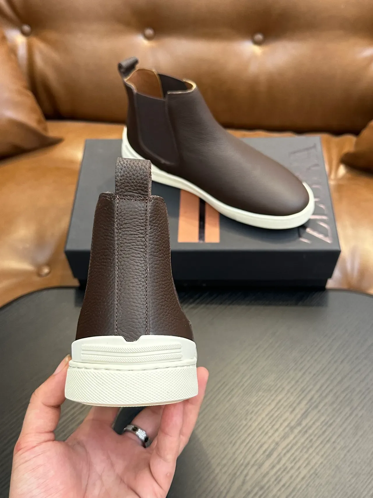 Zegna Brown Beige Pebbled Leather Elastic Side Gussets Chelsea Boots 3