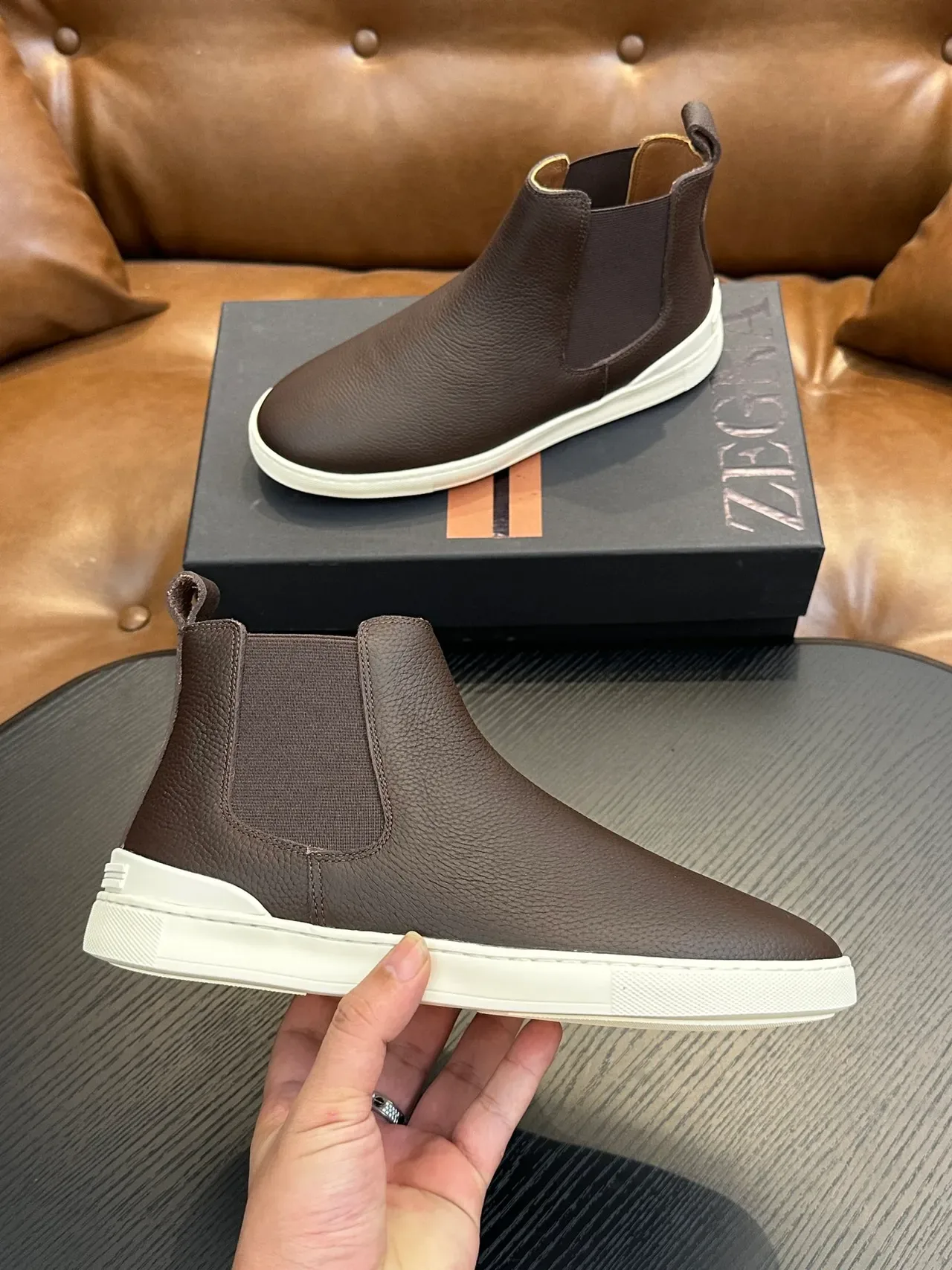 Zegna Brown Beige Pebbled Leather Elastic Side Gussets Chelsea Boots 4