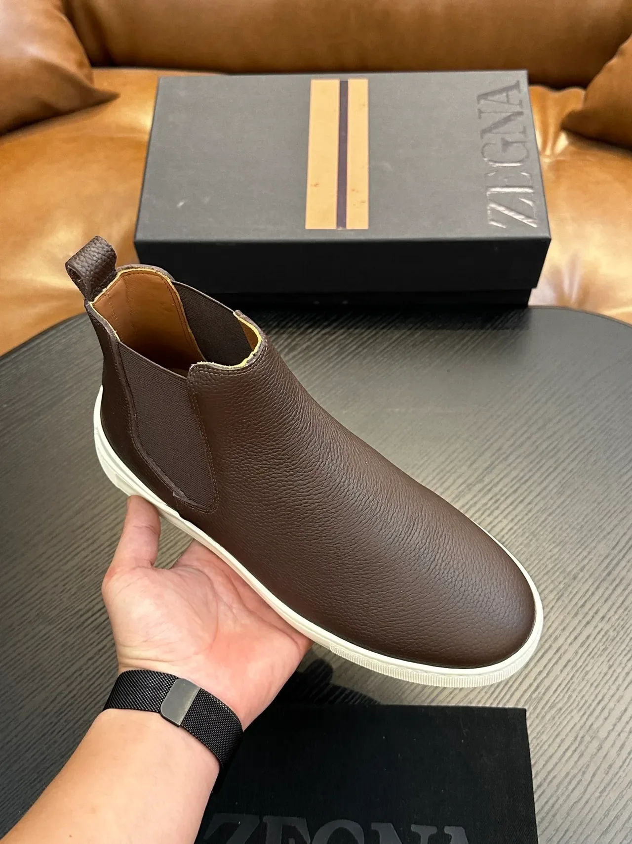 Zegna Brown Beige Pebbled Leather Elastic Side Gussets Chelsea Boots 5