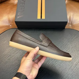 Zegna भूरा भूरी पेबल्ड चमड़ा पेनी स्ट्रैप लोअफर