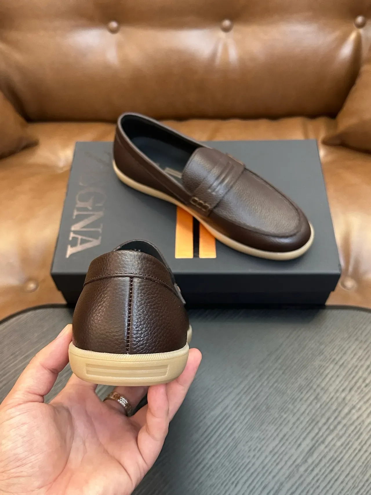 Zegna भूरा भूरी पेबल्ड चमड़ा पेनी स्ट्रैप लोअफर 3