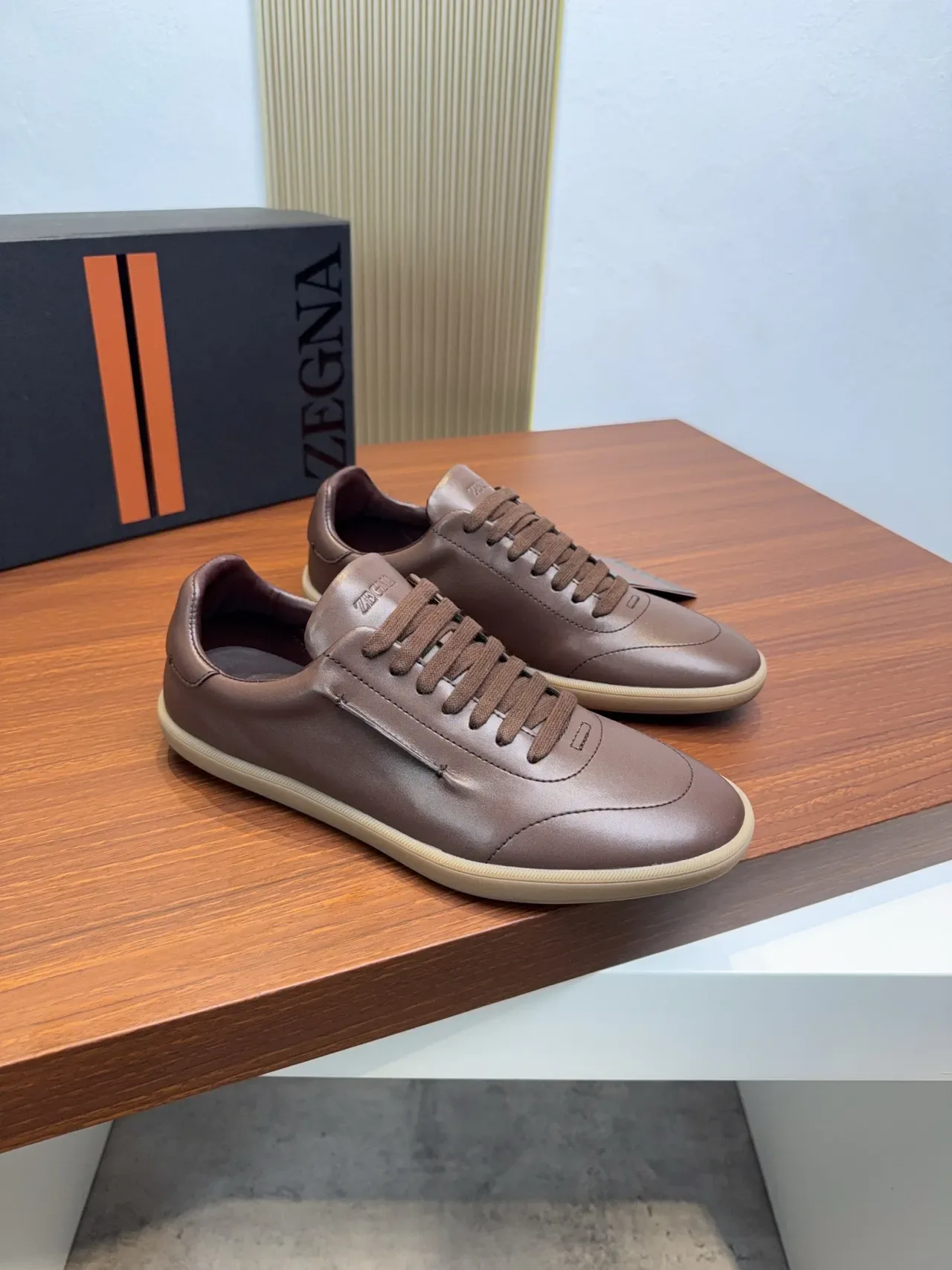 Zegna أحذية جلد بني كاجوال مربوطة 4