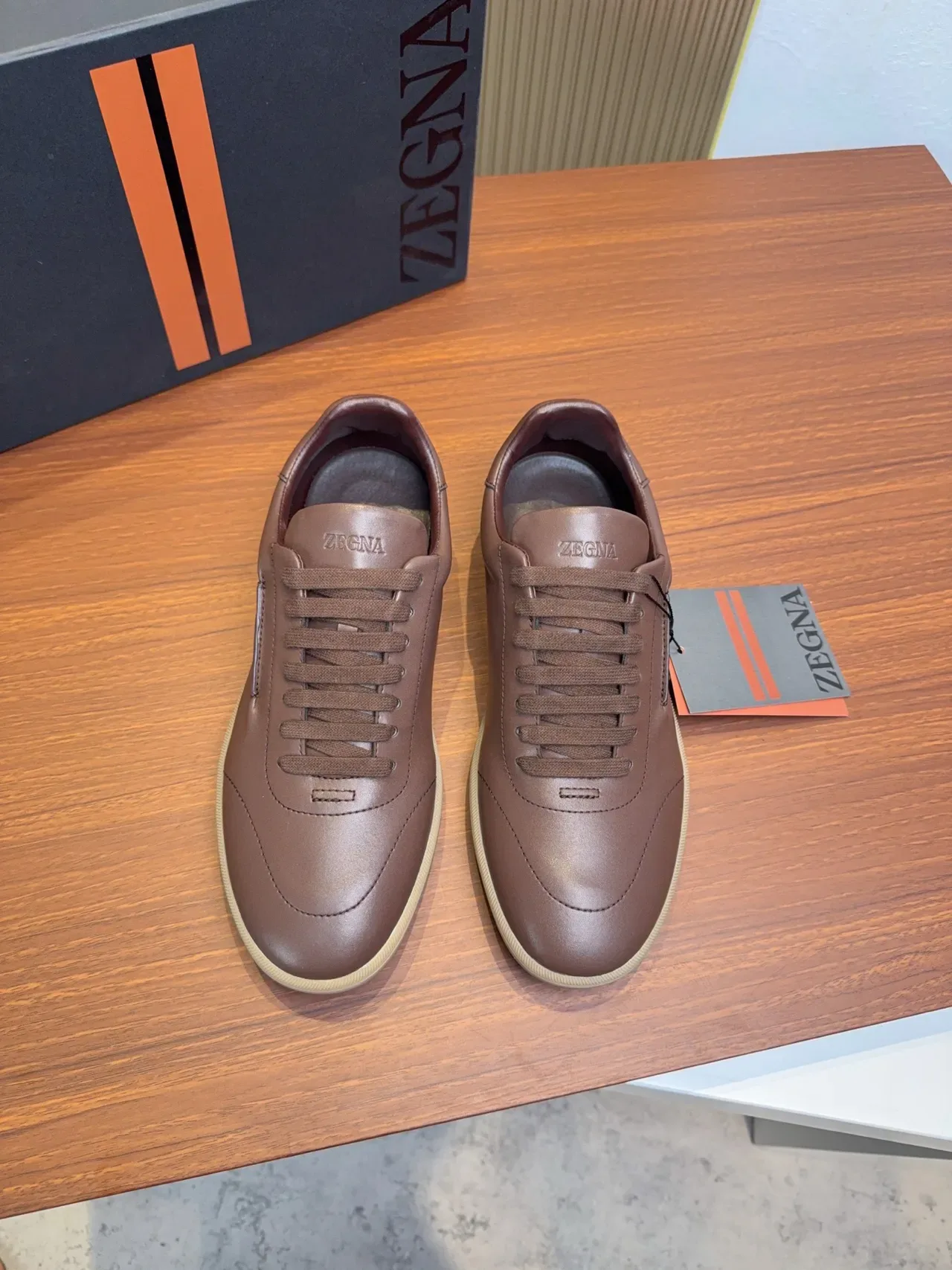 Zegna أحذية جلد بني كاجوال مربوطة 5