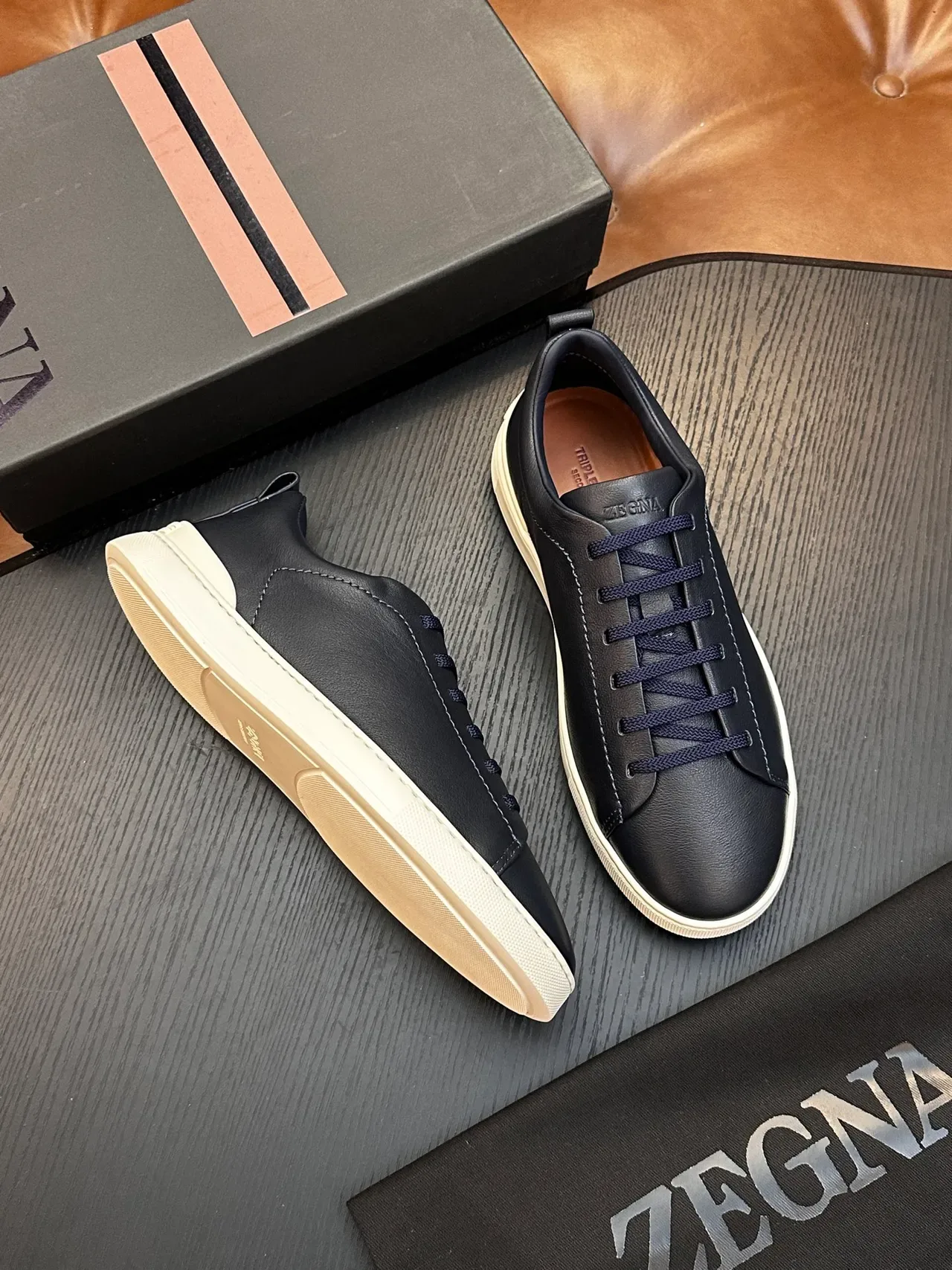 Zegna Gris Beige Cuero Superior Suela Contraste Sneakers Lifestyle 5