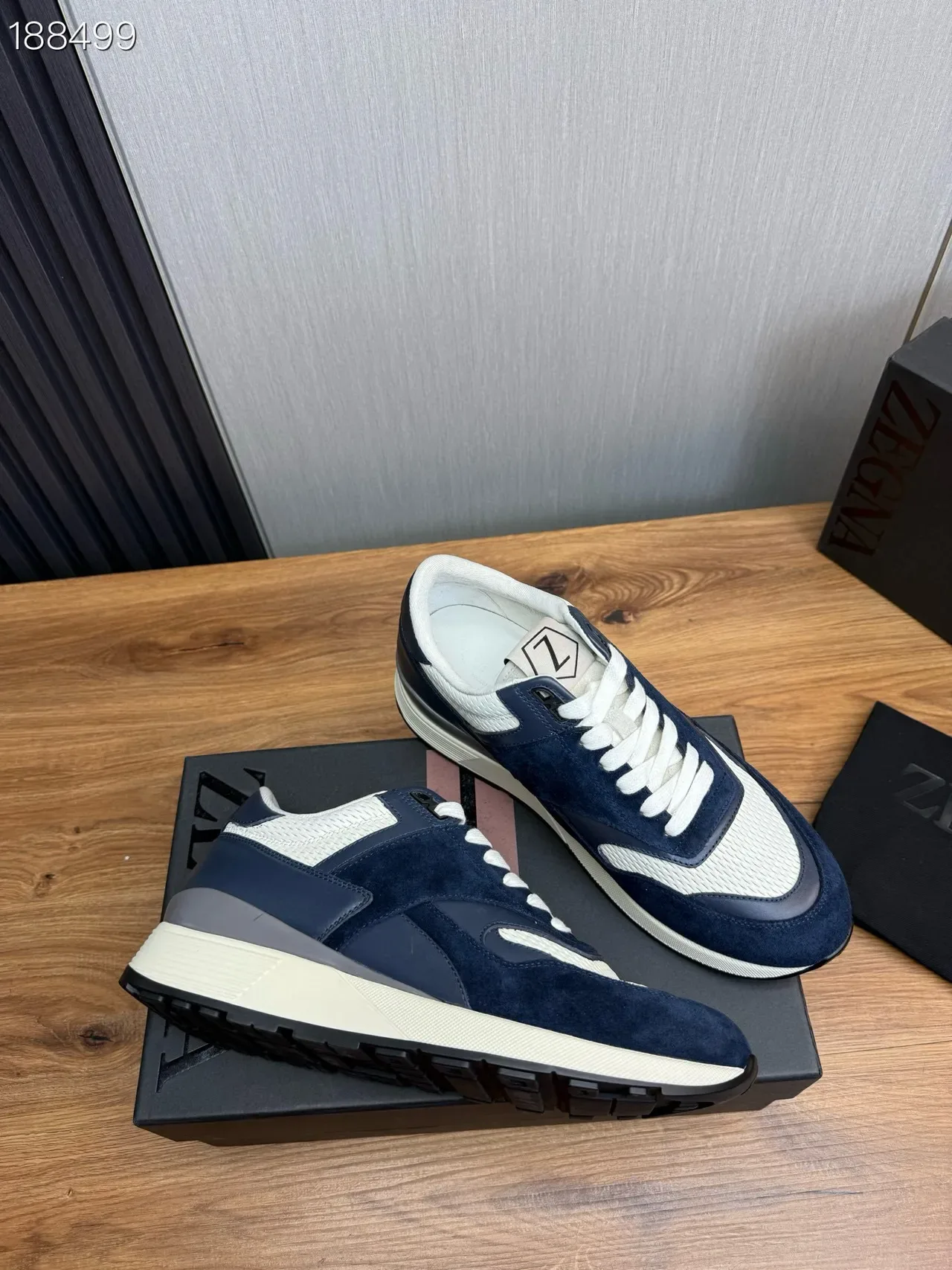 Zegna Navy White Dois Tons Camurça E Malha Superior Híbrida Tênis Lifestyle 7