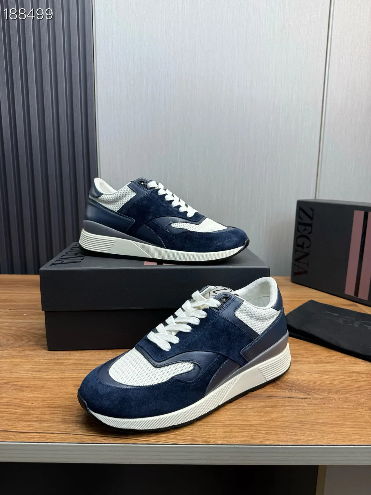 Zegna Navy White Dois Tons Camurça E Malha Superior Híbrida Tênis Lifestyle 8