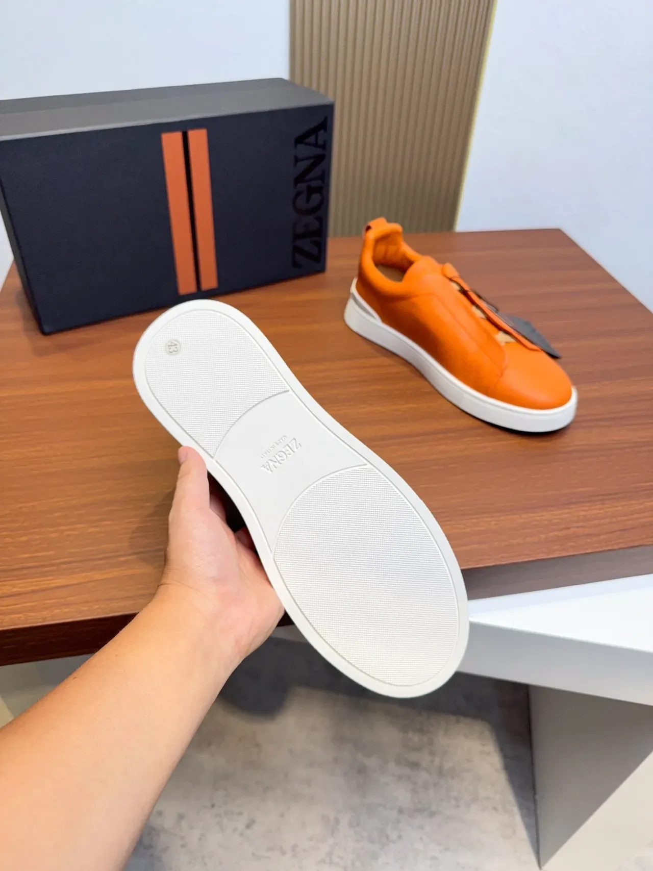 Tênis Lifestyle Zegna Laranja Couro Texturizado Sem Cordões 2