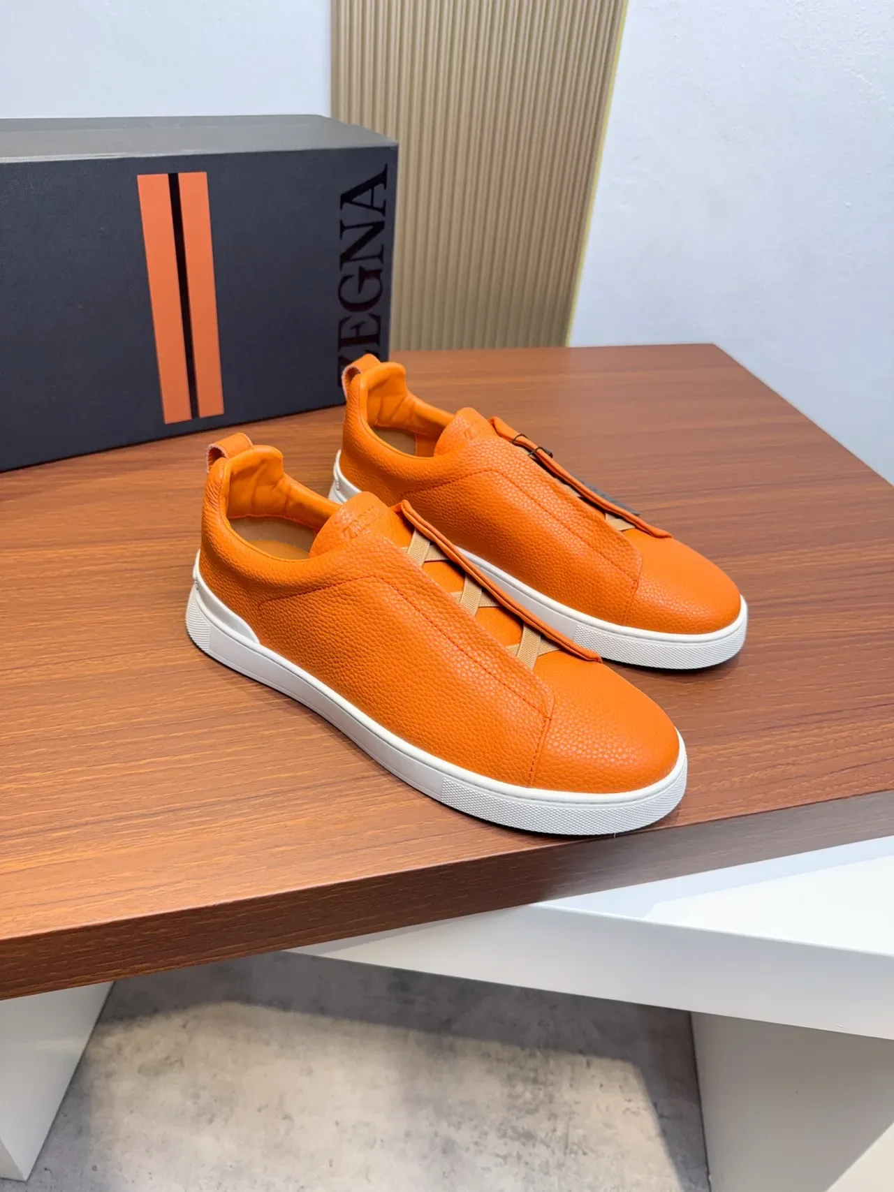 Tênis Lifestyle Zegna Laranja Couro Texturizado Sem Cordões 4