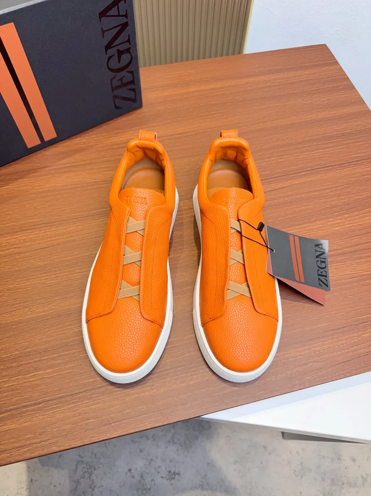 Tênis Lifestyle Zegna Laranja Couro Texturizado Sem Cordões 5