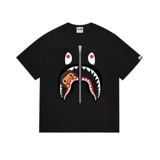 A Bathing Ape शार्क हूडी काला सफेद ग्राफिक प्रिंट जिपर डिटेल टी-शर्ट
