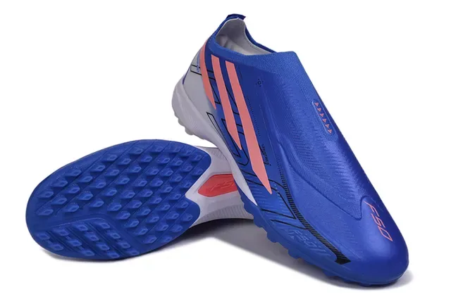Adidas 蓝色粉色 无鞋带 袜套式 模制钉 草皮足球鞋 4