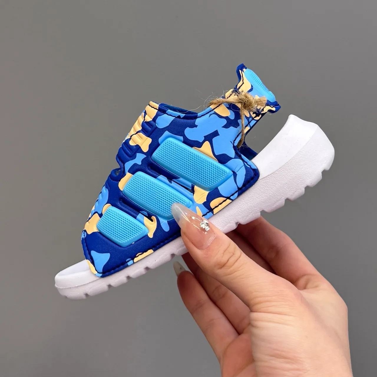 Adidas Blue White Dual-Strap Velcro Closure Camouflage-Print Upper Casual Sandals 14