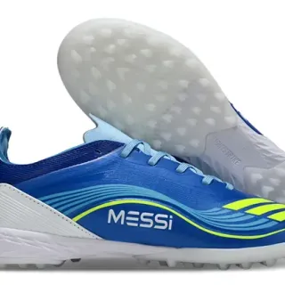 Adidas Bleu Jaune Low-Cut Upper Synthetique Rayures Néon Accents Chaussures de Football Turf