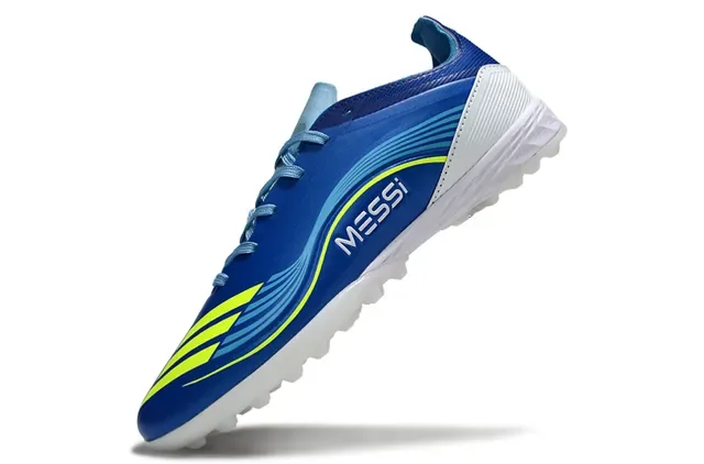 Adidas 蓝黄低帮合成革面荧光条纹草地足球鞋 3