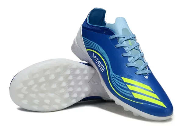 Adidas 蓝黄低帮合成革面荧光条纹草地足球鞋 4