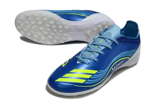 Adidas 蓝黄低帮合成革面荧光条纹草地足球鞋 5