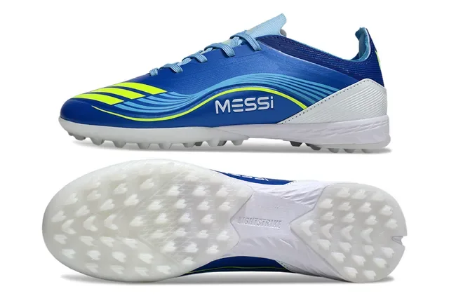 Adidas 蓝黄低帮合成革面荧光条纹草地足球鞋 7